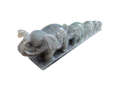 The Growth of Elephants Grey and Green Burmese A-Jadeite Ornament Showpiece with a Wooden Stand