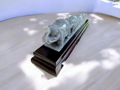 The Growth of Elephants Grey and Green Burmese A-Jadeite Ornament Showpiece with a Wooden Stand