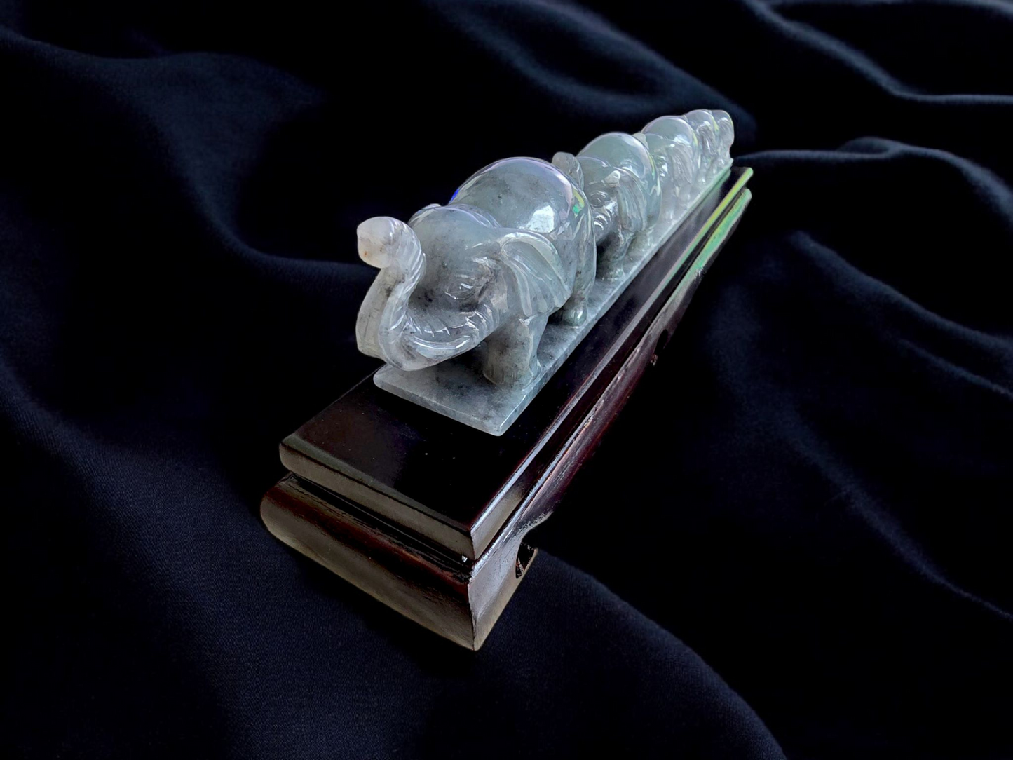 The Growth of Elephants Grey and Green Burmese A-Jadeite Ornament Showpiece with a Wooden Stand