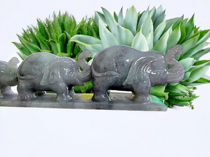 The Growth of Elephants Grey and Green Burmese A-Jadeite Ornament Showpiece with a Wooden Stand