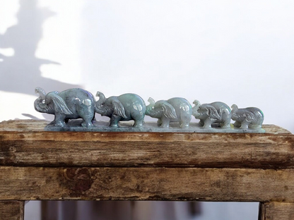 The Growth of Elephants Grey and Green Burmese A-Jadeite Ornament Showpiece with a Wooden Stand