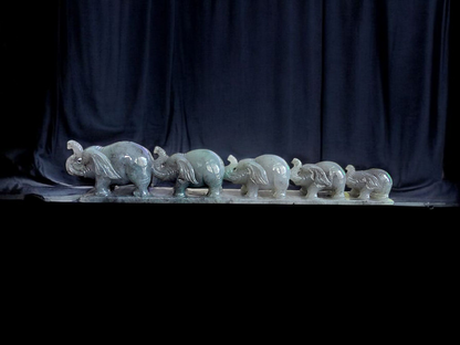 The Growth of Elephants Grey and Green Burmese A-Jadeite Ornament Showpiece with a Wooden Stand