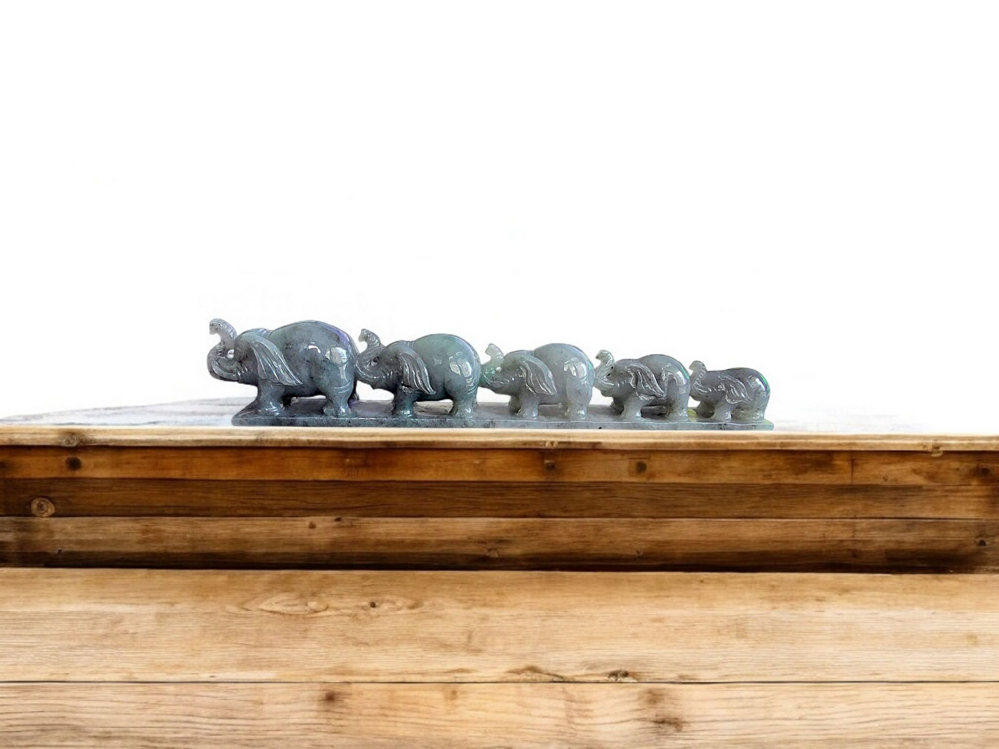 The Growth of Elephants Grey and Green Burmese A-Jadeite Ornament Showpiece with a Wooden Stand