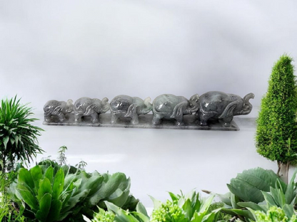 The Growth of Elephants Grey and Green Burmese A-Jadeite Ornament Showpiece with a Wooden Stand