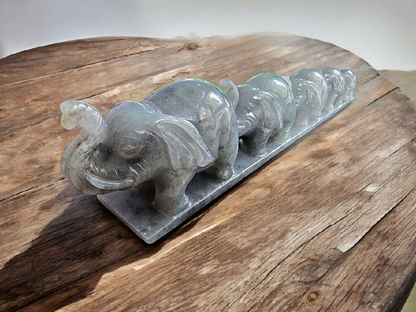 The Growth of Elephants Grey and Green Burmese A-Jadeite Ornament Showpiece with a Wooden Stand