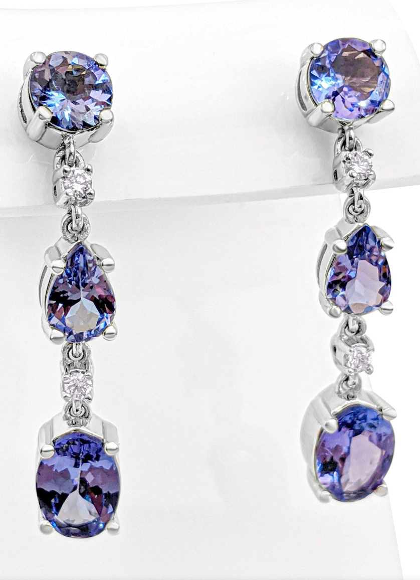 Alluring Drop and Dangle Tanzanite Link Earrings (with light pink Diamonds and 14K White Gold)