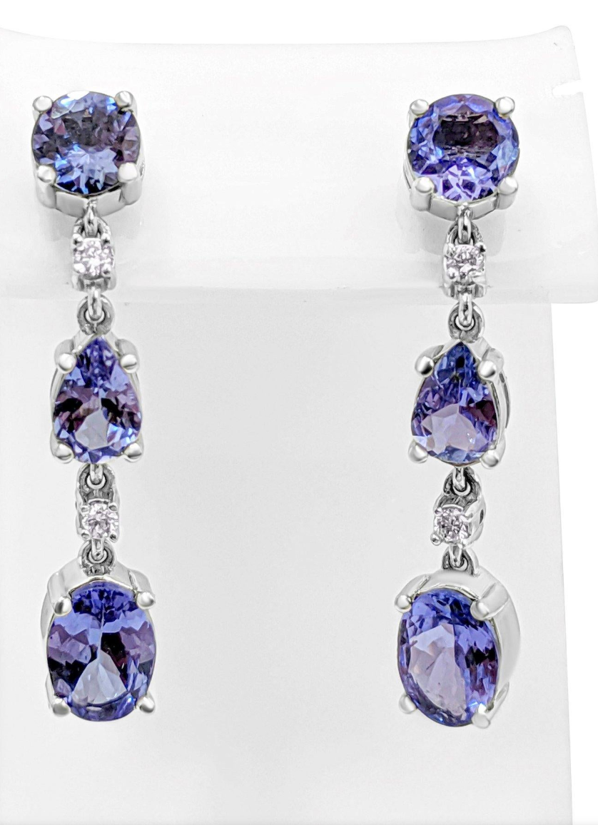 Alluring Drop and Dangle Tanzanite Link Earrings (with light pink Diamonds and 14K White Gold)