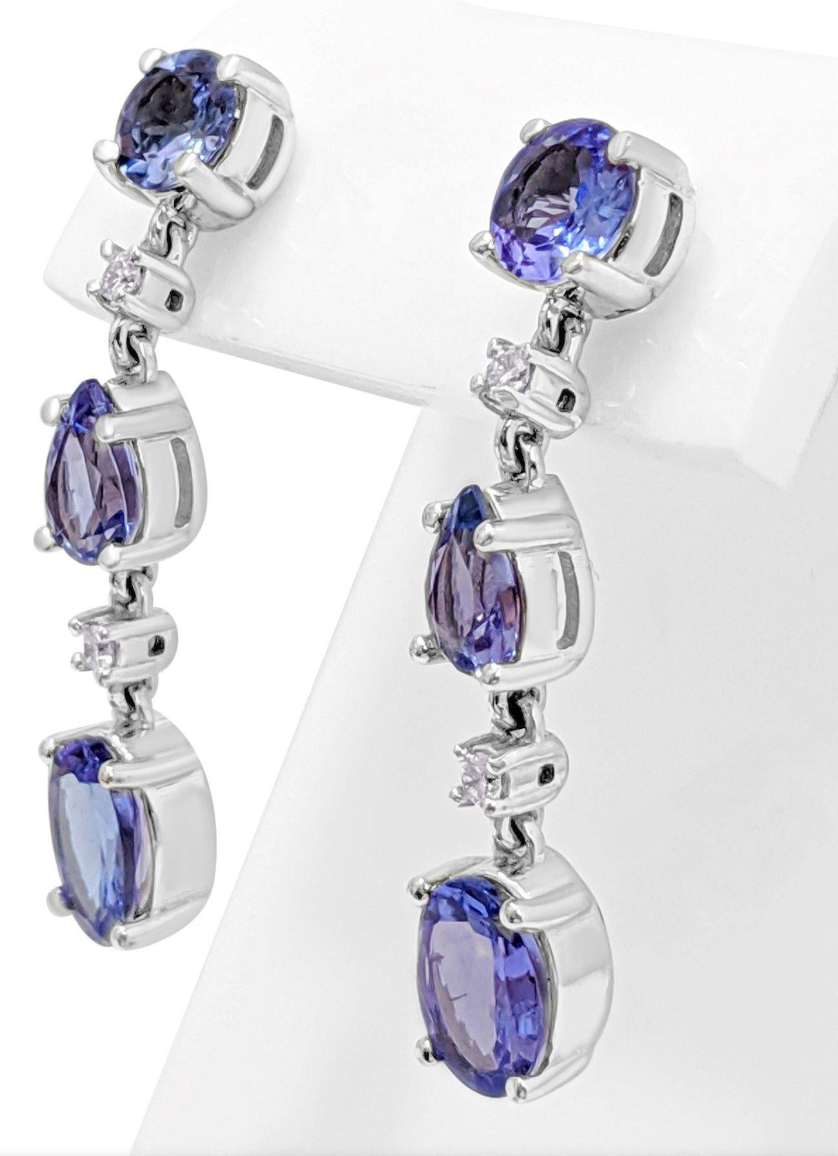 Alluring Drop and Dangle Tanzanite Link Earrings (with light pink Diamonds and 14K White Gold)