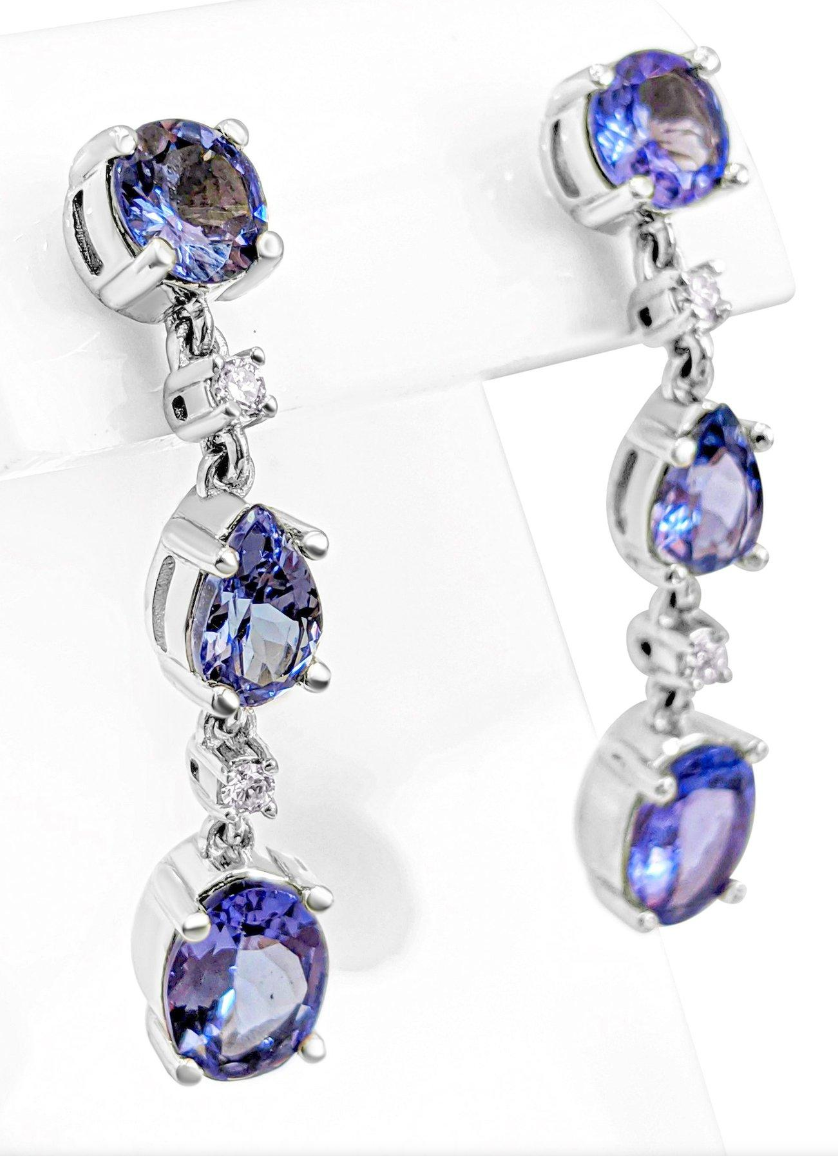 Alluring Drop and Dangle Tanzanite Link Earrings (with light pink Diamonds and 14K White Gold)