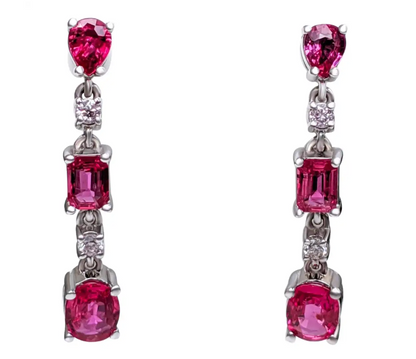 Alluring Drop and Dangle Red (No Heat) Ruby Link Earrings (with light pink Diamonds and 14K White Gold)