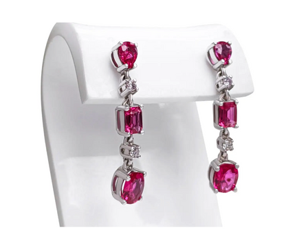 Alluring Drop and Dangle Red (No Heat) Ruby Link Earrings (with light pink Diamonds and 14K White Gold)