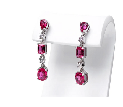 Alluring Drop and Dangle Red (No Heat) Ruby Link Earrings (with light pink Diamonds and 14K White Gold)