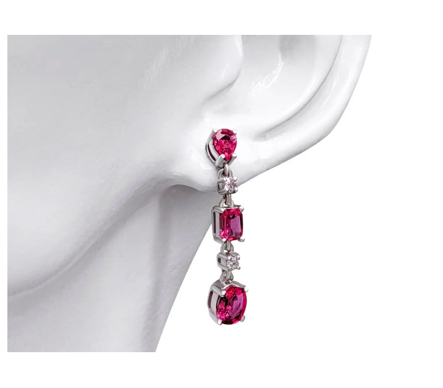 Alluring Drop and Dangle Red (No Heat) Ruby Link Earrings (with light pink Diamonds and 14K White Gold)