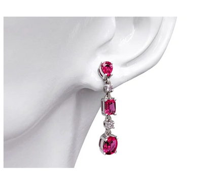 Alluring Drop and Dangle Red (No Heat) Ruby Link Earrings (with light pink Diamonds and 14K White Gold)