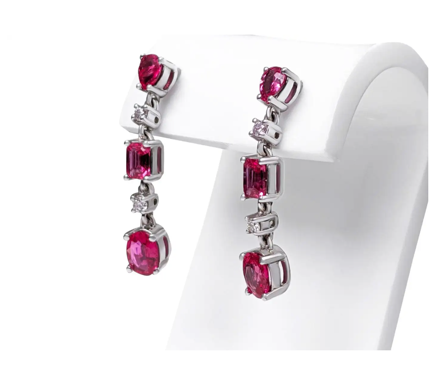 Alluring Drop and Dangle Red (No Heat) Ruby Link Earrings (with light pink Diamonds and 14K White Gold)