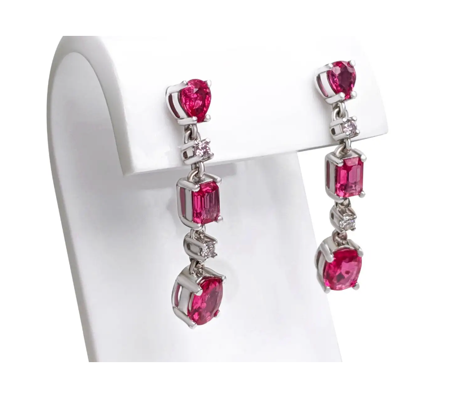 Alluring Drop and Dangle Red (No Heat) Ruby Link Earrings (with light pink Diamonds and 14K White Gold)