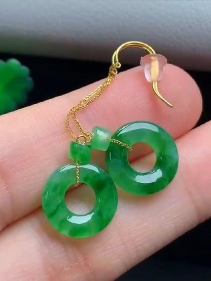 Enchanted Donut Drop and Dangle French Hook Burmese A-Jade Earrings (with 18K Yellow Gold) - Certified