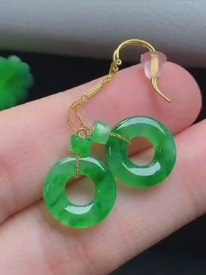 Enchanted Donut Drop and Dangle French Hook Burmese A-Jade Earrings (with 18K Yellow Gold) - Certified