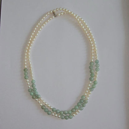 Yamanashi (MADE IN JAPAN) Burmese A-Jade and Pearl Double Beaded Necklace (5-6.5mm Each x 163 Beads) with 925 Sterling Silver 10004