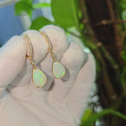 Australian Opal Drop and Dangle Earrings with 14K Yellow Gold and White Diamonds - 3003