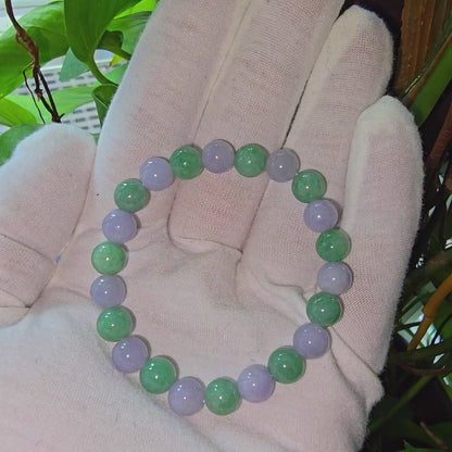 Imperial Japanese Green and Lavender Burmese A-Jade Beaded Bracelet (MADE IN JAPAN) (8.5mm Each x 22 beads) Certified 05031