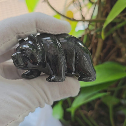 Patrolling Bear Black Burmese A-Jadeite Ornament Showpiece with a Wooden Stand