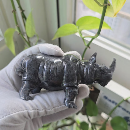 Poised Rhino Black Burmese A-Jadeite Ornament Showpiece with a Wooden Stand