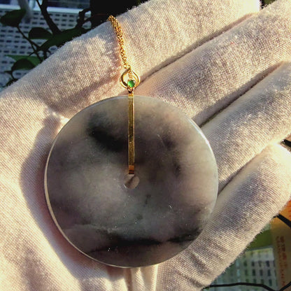 Cheung's Round Donut Charcoal Black Burmese A-Jade 51mm Pendant with 18K Yellow Gold - Certified