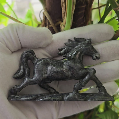 Galloping Horse Black Burmese A-Jadeite Ornament Showpiece with a Wooden Stand