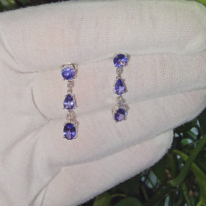 Alluring Drop and Dangle Tanzanite Link Earrings (with light pink Diamonds and 14K White Gold)