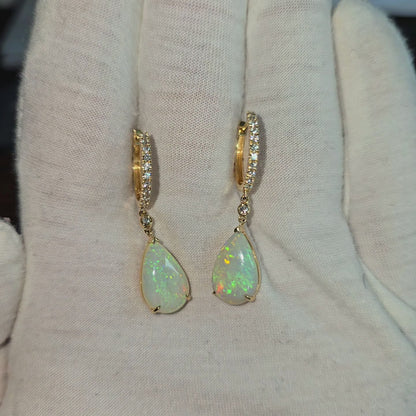 Australian Opal Drop and Dangle Earrings with 14K Yellow Gold and White Diamonds - 3003