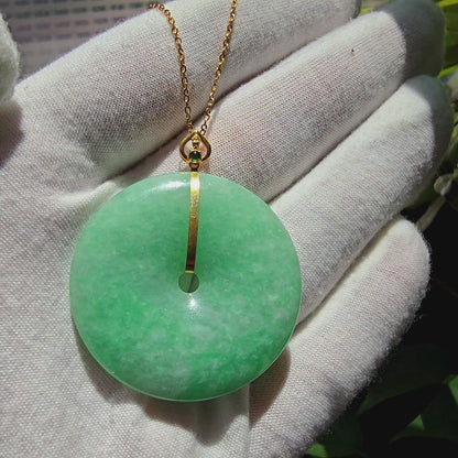 Cheung's Round Donut Burmese A-Jade 40mm Pendant with 18K Yellow Gold - Certified