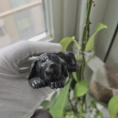 Protective Dog Black Burmese A-Jadeite Ornament Showpiece with a Wooden Stand