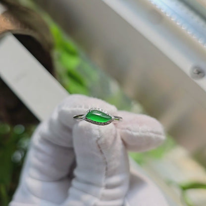 Flow Leaf Burmese A Jade Ring, with White Diamonds, and 18K White Gold - Certified