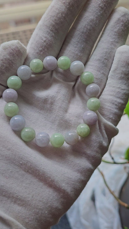 Imperial Green and Lavender Burmese A-Jade Jadeite Beaded Bracelet (10-11mm Each x 18 beads) 07002