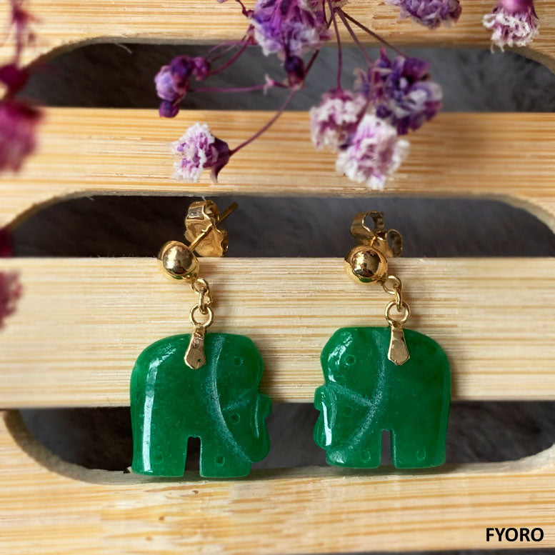 Shanghainese Jade Elephant Drop Earrings (with 14K Gold)