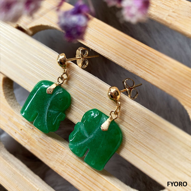 Shanghainese Jade Elephant Drop Earrings (with 14K Gold)