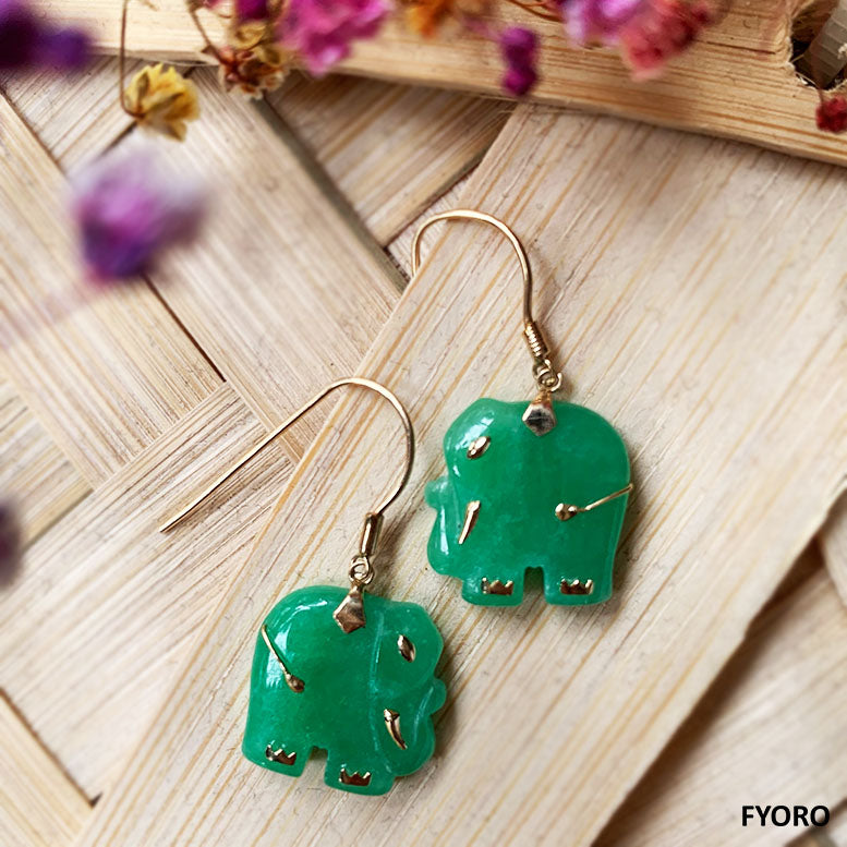 Shanghainese Jade Elephant French-Hook Earrings (with 14K Yellow Gold)