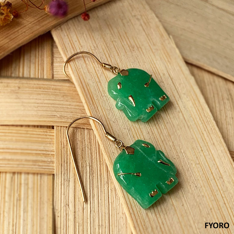 Shanghainese Jade Elephant French-Hook Earrings (with 14K Yellow Gold)