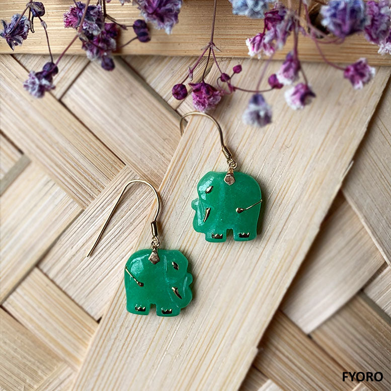 Shanghainese Jade Elephant French-Hook Earrings (with 14K Gold)