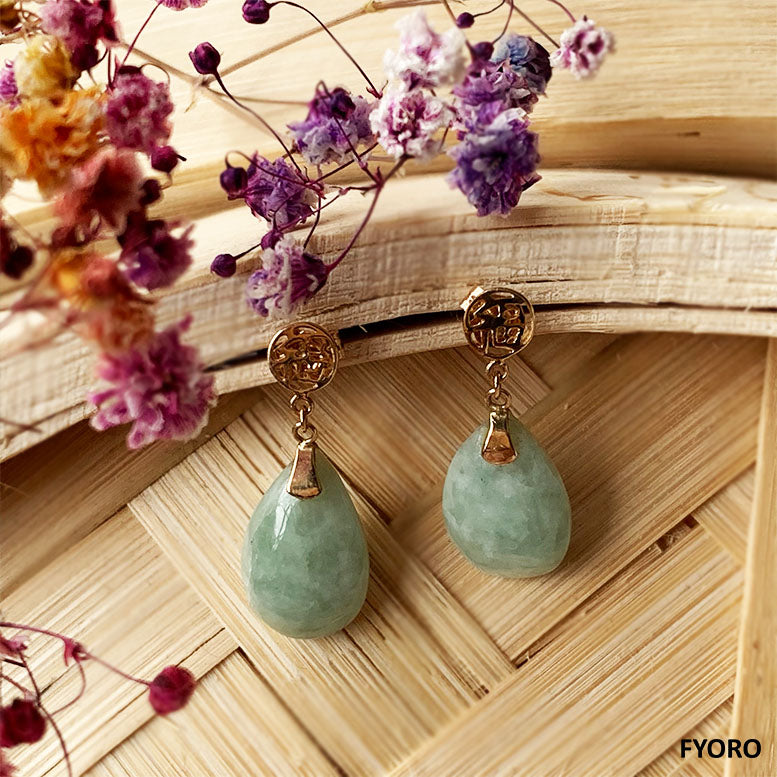 Fu Fuku Fortune Spring A Jade Pear Drop Earrings (with 14K Yellow Gold)