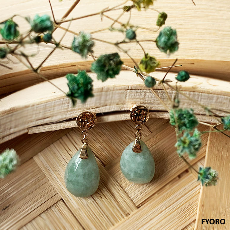 Fu Fuku Fortune Spring A Jade Pear Drop Earrings (with 14K Yellow Gold)