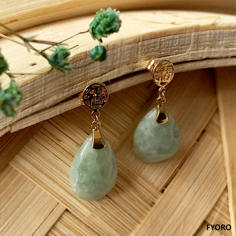 Fu Fuku Fortune Spring A Jade Pear Drop Earrings (with 14K Yellow Gold)