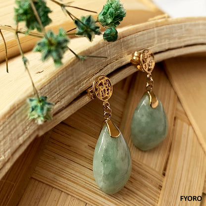 Fu Fuku Fortune Spring A Jade Pear Drop Earrings (with 14K Yellow Gold)