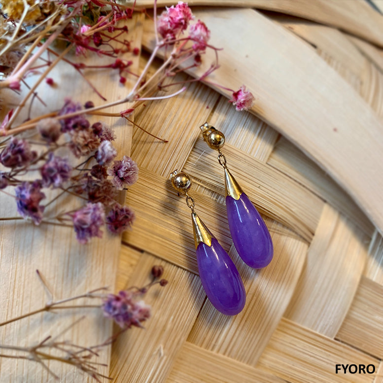 Lavender Jade Long Drop Earrings (with 14K Yellow Gold)