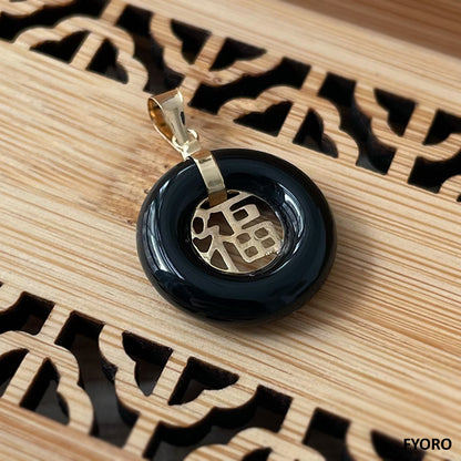 Lantau Zhong Onyx Fu Fuku Fortune Pendant (with 14K Yellow Gold)