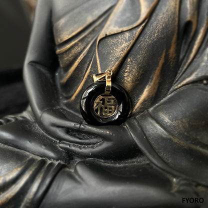 Lantau Zhong Onyx Fu Fuku Fortune Pendant (with 14K Yellow Gold)