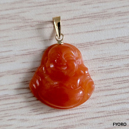 Cha'an Hong Jade Laughing Buddha Pendant with 14K Yellow Gold