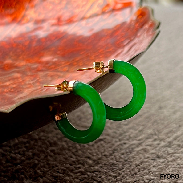 C Hoop Jade Earrings With 14K Yellow Gold