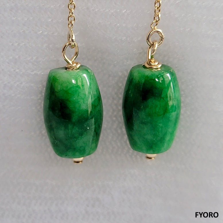 Dangling Cylindric Deep Burmese A Jade Earrings (with 14K Yellow Gold)